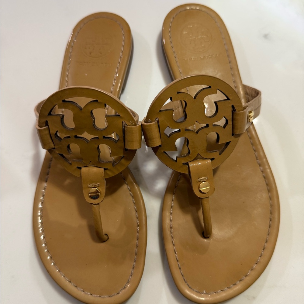 Tory Burch Tan Leather Sandals with Signature Medallion